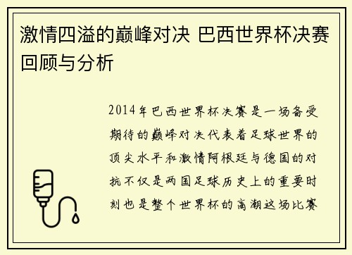 激情四溢的巅峰对决 巴西世界杯决赛回顾与分析